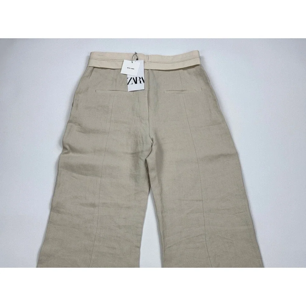 Zara Contrast Waist Linen Blend Pants‎ Blogger favorite Women XS NEW Zip Closure